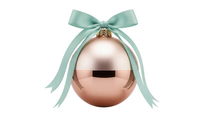 Elegant rose gold Christmas bauble with mint green ribbon isolated PNG, festive holiday ornament for seasonal decoration and graphic design projects