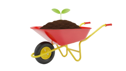 Red and yellow wheelbarrow with soil and sprout isolated PNG, gardening equipment for landscaping and agriculture on transparent background
