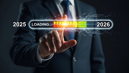 Businessman interacting with a futuristic loading bar progressing from the year 2025 to 2026, symbolizing future progress and transition