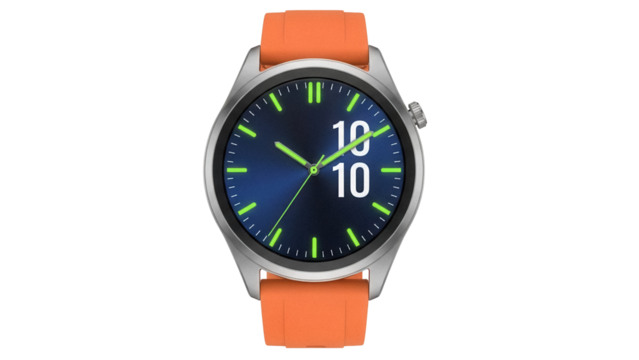 Modern smartwatch with orange band isolated on transparent PNG, wearable technology for fitness tracking and digital lifestyle