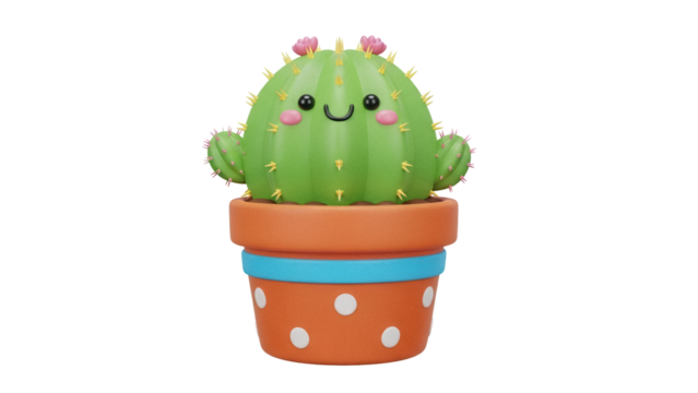 Cute cartoon cactus in pot PNG isolated on transparent background, adorable succulent with happy face for kids design