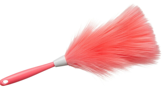 Coral pink feather duster isolated PNG, cleaning tool for dusting furniture and surfaces on transparent background