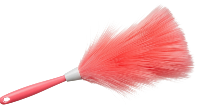 Coral pink feather duster isolated PNG, cleaning tool for dusting furniture and surfaces on transparent background