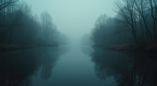 Trees are reflected in the water of a river in a foggy forest - Powered by Adobe