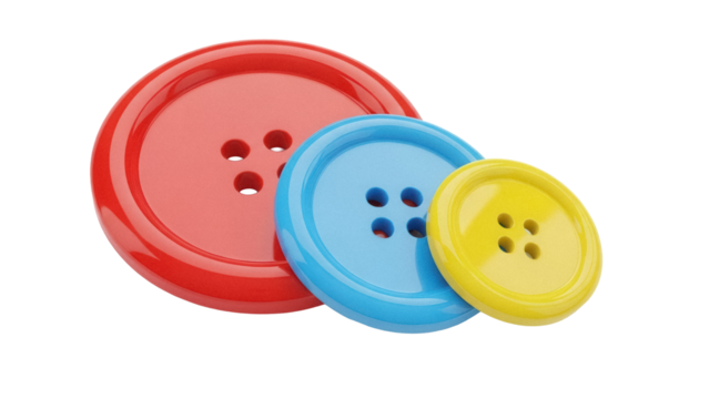 Three colorful sewing buttons PNG isolated on transparent background, red blue and yellow plastic clothing fasteners for crafts and design