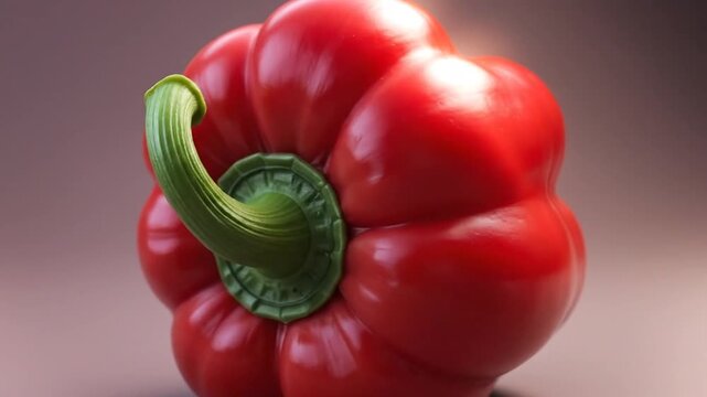 Vibrant Red Bell Pepper with Curved Green Stem, Fresh and Ripe, Studio Close-Up on a Neutral Background