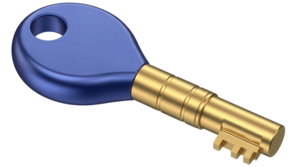 Blue and gold key PNG isolated on transparent background, security and access tool for design projects