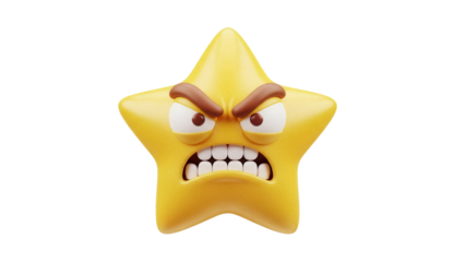 Angry yellow star PNG isolated on transparent background, cartoon character with clenched teeth and furrowed brows for graphic design