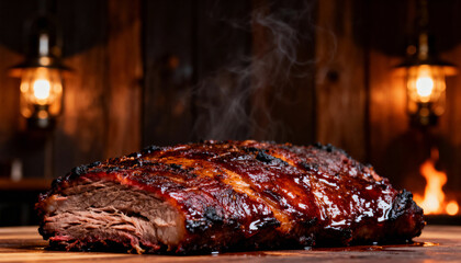Smoked Texas brisket with glossy glaze and steam