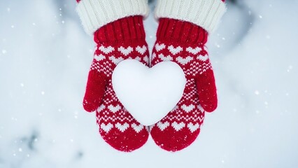 Cozy red knitted mittens adorned with white hearts hold a delicate snow heart in a winter wonderland
