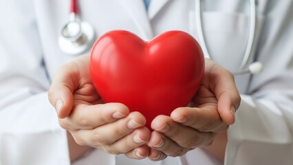 Caring hands gently hold a vibrant red heart symbolizing health and compassionate medical care