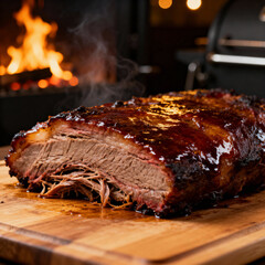 Closeup of sliced BBQ brisket with tender meat texture