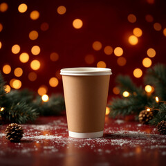 Paper coffee cup on festive holiday background