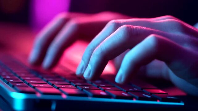 Close up of person hands typing on keyboard in dark room with pink and blue neon lights, working or gaming at night, modern tech