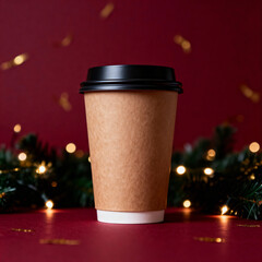 Kraft cup with black lid and festive bokeh lights