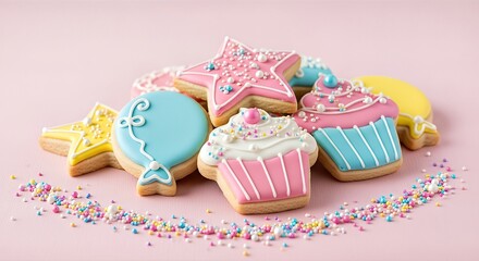 Colorful decorated cookies and cupcakes arranged on a pastel pink background, showcasing delightful treats perfect for celebrations and festive occasions with vibrant sprinkles