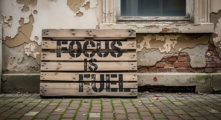 Fototapeta premium Wooden Crate with 'Focus Is Fuel' Stenciled Message Against Old Building Wall
