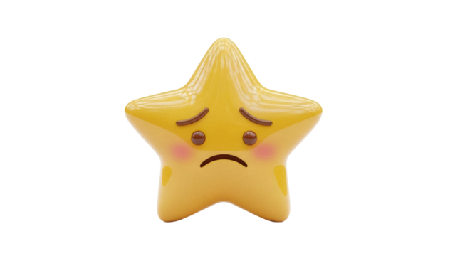 Sad yellow star PNG isolated on transparent background, cartoon character with unhappy expression for graphic design and emotional concepts