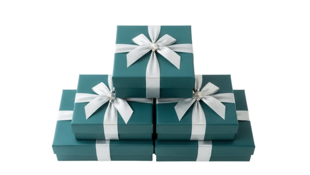 Stack of teal gift boxes with silver ribbons isolated PNG, presents for special occasions and holidays on transparent background