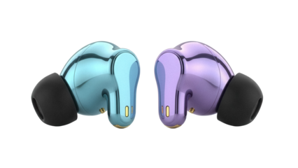 Pair of wireless earbuds PNG isolated on transparent background, blue and purple earphones for music listening and mobile communication
