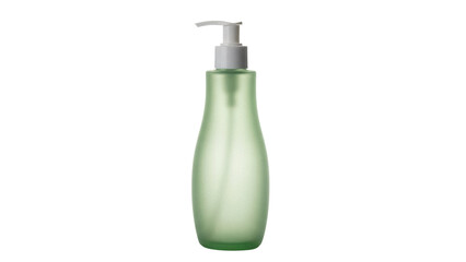Green frosted glass bottle with pump isolated PNG, cosmetic container for lotion or soap on transparent background, beauty product mockup