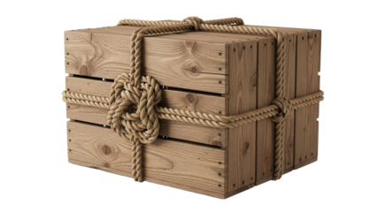 Wooden crate with rope isolated PNG, rustic box tied with nautical knot on transparent background, vintage storage container