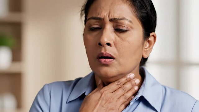 Woman Suffering From Sore Throat Shows Signs of Discomfort and Pain in Her Face