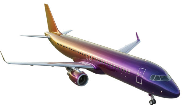 Modern passenger airplane isolated PNG on transparent background, colorful aircraft for travel and transportation design projects