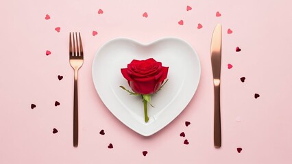 Elegant valentine s day dinner setting with a single red rose on a heart shaped plate