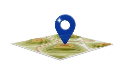 Blue map pointer on topographic map isolated PNG, location pin icon for navigation and travel planning on transparent background