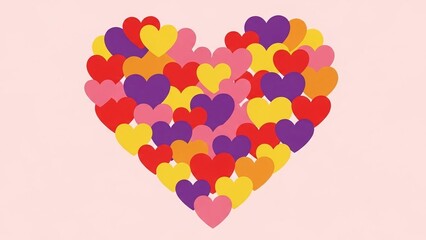 A large heart shape composed entirely of numerous small colorful hearts on a soft pink background