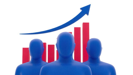 Blue faceless figures with red bar graph and arrow isolated PNG, representing business growth and teamwork on transparent background