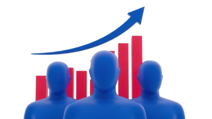 Blue faceless figures with red bar graph and arrow isolated PNG, representing business growth and teamwork on transparent background