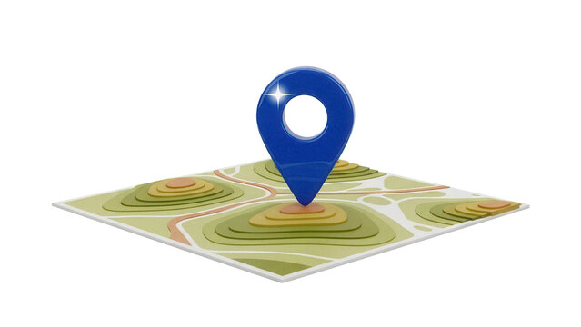Blue map pointer on topographic map isolated PNG, location pin icon for navigation and travel planning on transparent background