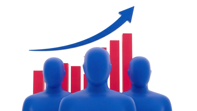 Blue faceless figures with red bar graph and arrow isolated PNG, representing business growth and teamwork on transparent background