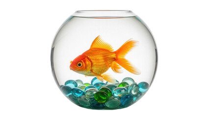 Orange goldfish in a glass bowl isolated PNG, pet fish with blue and green glass beads on transparent background