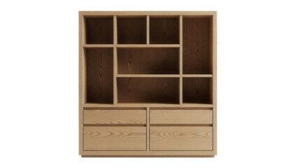 Wooden cabinet with shelves and drawers isolated PNG, modern storage furniture on transparent background for interior design projects