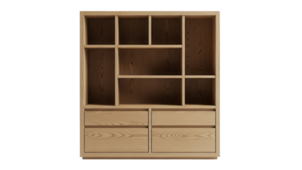 Wooden cabinet with shelves and drawers isolated PNG, modern storage furniture on transparent background for interior design projects