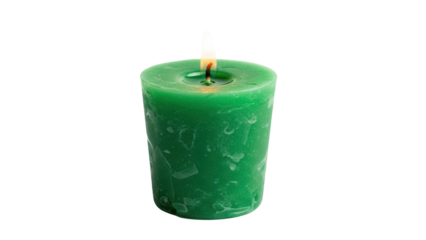 Burning green candle isolated PNG, aromatherapy wax light for relaxation and meditation on transparent background