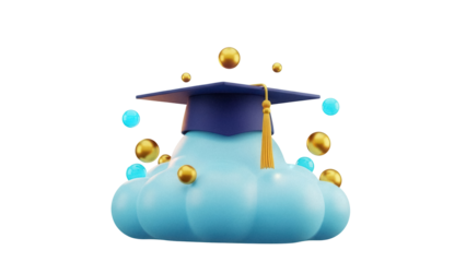 Graduation cap on cloud PNG isolated on transparent background, academic achievement and educational success concept