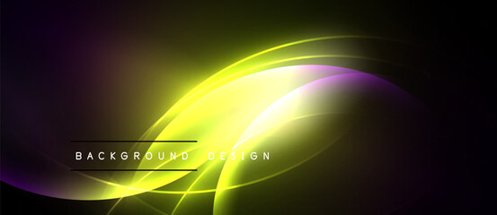 Abstract neon background. Vibrant yellow, purple curves create dynamic flow. Modern design elements suggest energy, innovation.