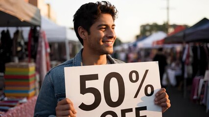 Holding sale sign at market. Young man holds sign showing 50percent discount. Vendor stall and shopper blur fill outdoor market. Warm evening light highlights face and board. Shopper interest grows.
