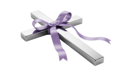 Silver metal cross with purple ribbon isolated PNG, religious symbol on transparent background for design elements and spiritual themes