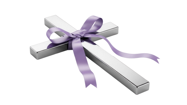Silver metal cross with purple ribbon isolated PNG, religious symbol on transparent background for design elements and spiritual themes - Powered by Adobe