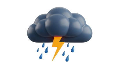 Dark blue storm cloud with lightning and rain PNG isolated on transparent background, weather forecast element for graphic design use
