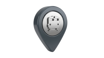 Train station location pin PNG isolated on transparent background, railway transport navigation marker for maps and travel apps