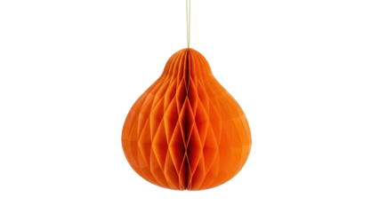 Orange honeycomb paper lantern isolated PNG, festive hanging decoration for party and celebration on transparent background