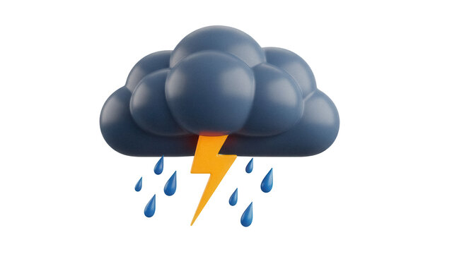 Dark blue storm cloud with lightning and rain PNG isolated on transparent background, weather forecast element for graphic design use