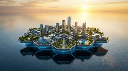 Futuristic floating city island at sunset over water