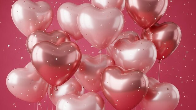 A romantic cluster of shimmering rose gold and pink heart shaped balloons floating against a vibrant red background - Powered by Adobe